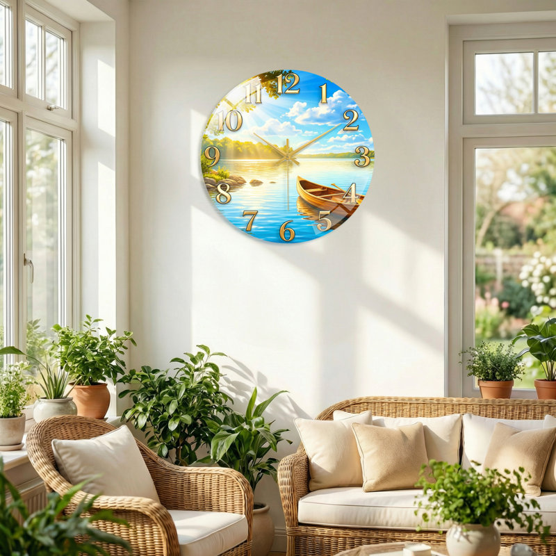 "Lake Scene", horloge murale en verre, 60 x 60 cm (23,6 x 23,6 pouces)
