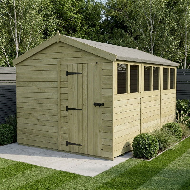Total Sheds 8ft x 12ft Apex Garden Shed - Single Door - With Windows - Pressure Treated Timber - UK Manufactured