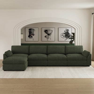 Velvet & Plush Corduroy Fabric Sofa L-Shaped Living Room Couch Large Modular Sectional Sofa With Movable Ottoman
