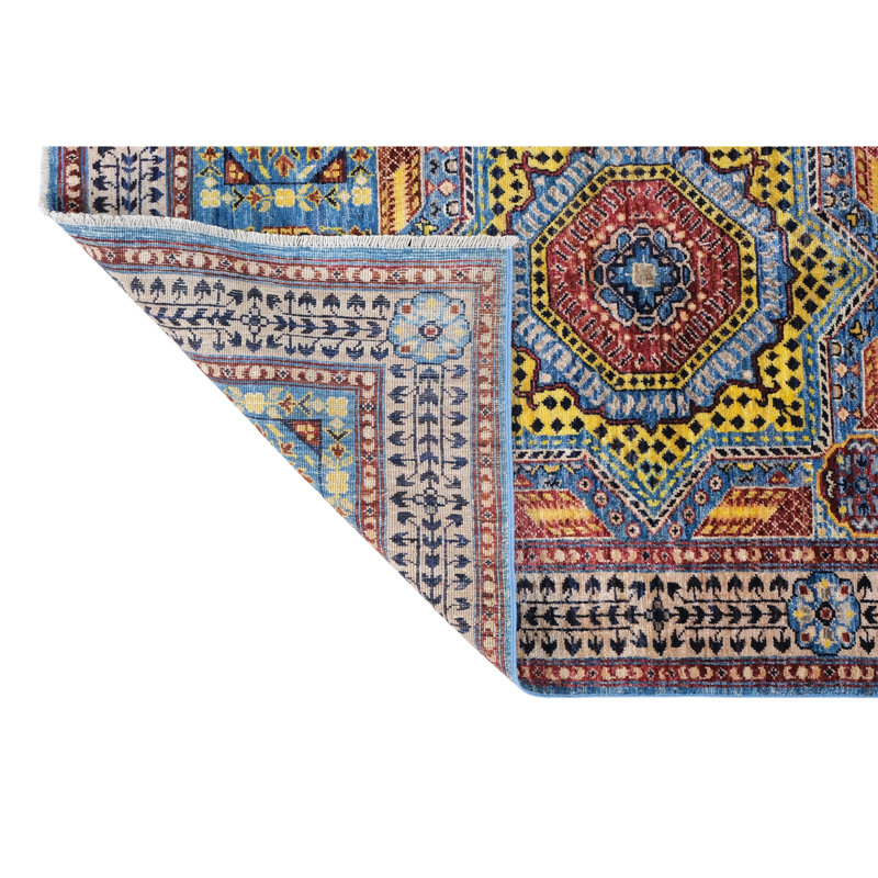 Hand Knotted Wool Area Rug in Blue And Beige