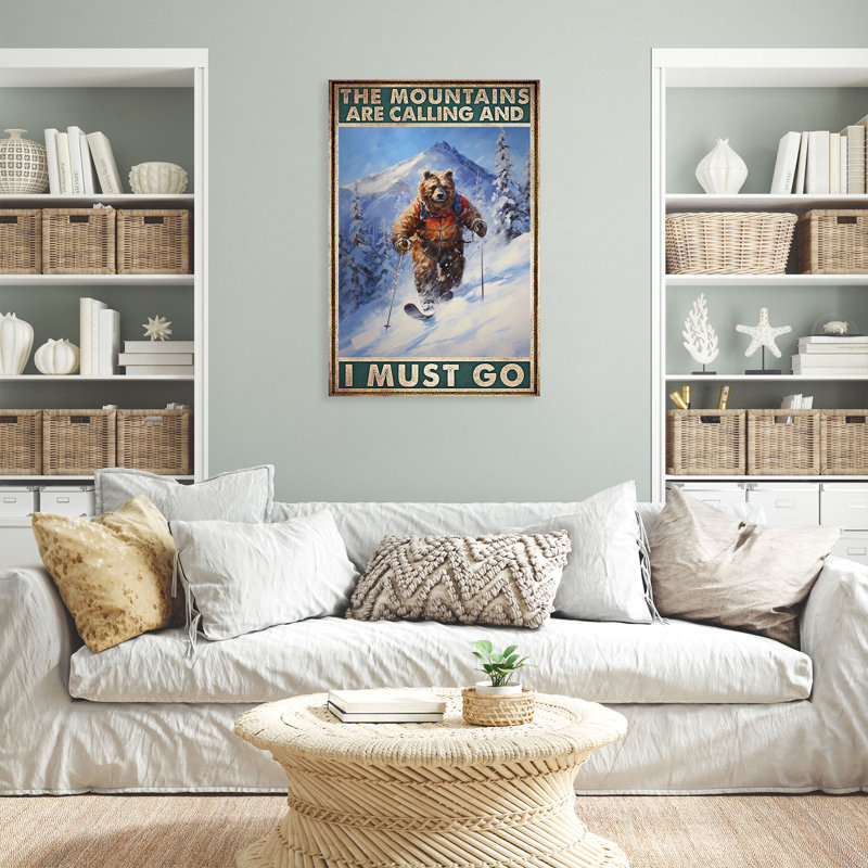 Ours polaire faisant du ski sur la montagne enneigée - "The Mountains Are Calling And I Must Go" - 1 pièce, reproduction d'art graphique sur toile tendue