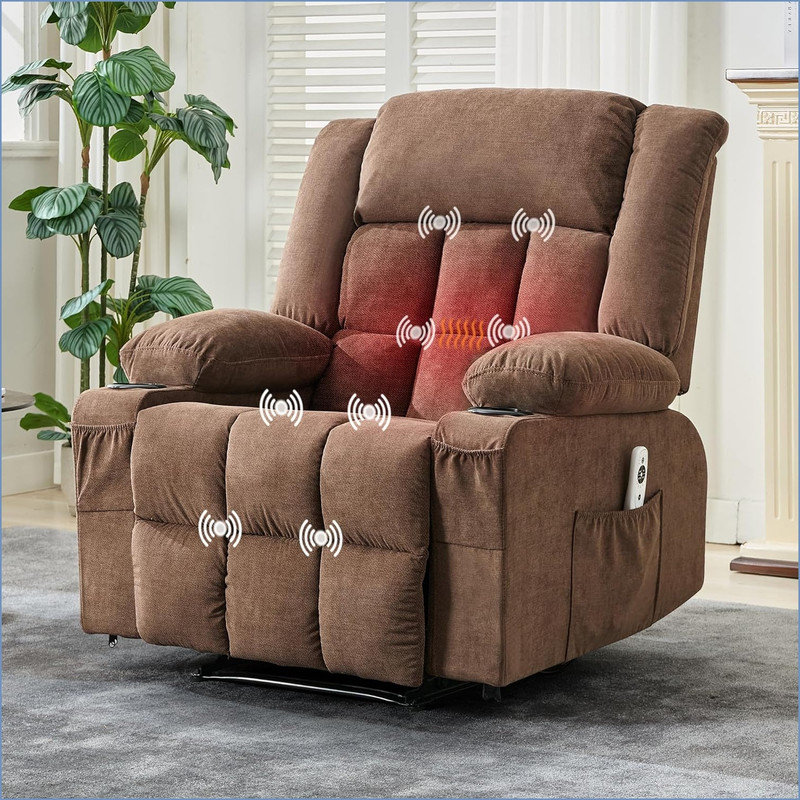 Recliner Chair, Manual Reclining Sofa with Massage and Heat, Comfy Overstuffed Rocking Chair with 3 Positions, 2 Side Pockets, 2 Front Pockets, and Cup Holder, Recliner Single Sofa Seat