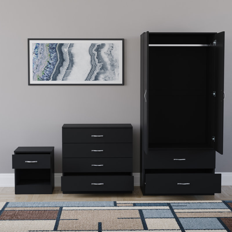 Maybery 3 Piece Bedroom Set (1 Drawer Bedside Chest, 4 Drawer Chest, 2 Door 2 Drawer Wardrobe), (4), Black