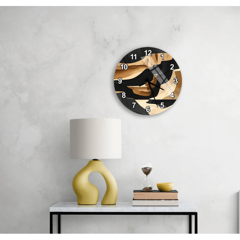 Horloge murale moderne en verre trempé - art abstrait noir doré, décoration minimaliste, cadeau de pendaison de crémaillère unique, grand cercle silencieux