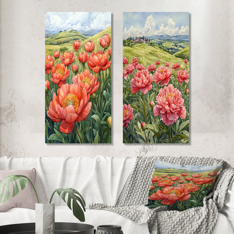Pivoines dans la prairie roulante I - Jardin, ensemble de 2 décorations murales en métal, 40" H x 40" W