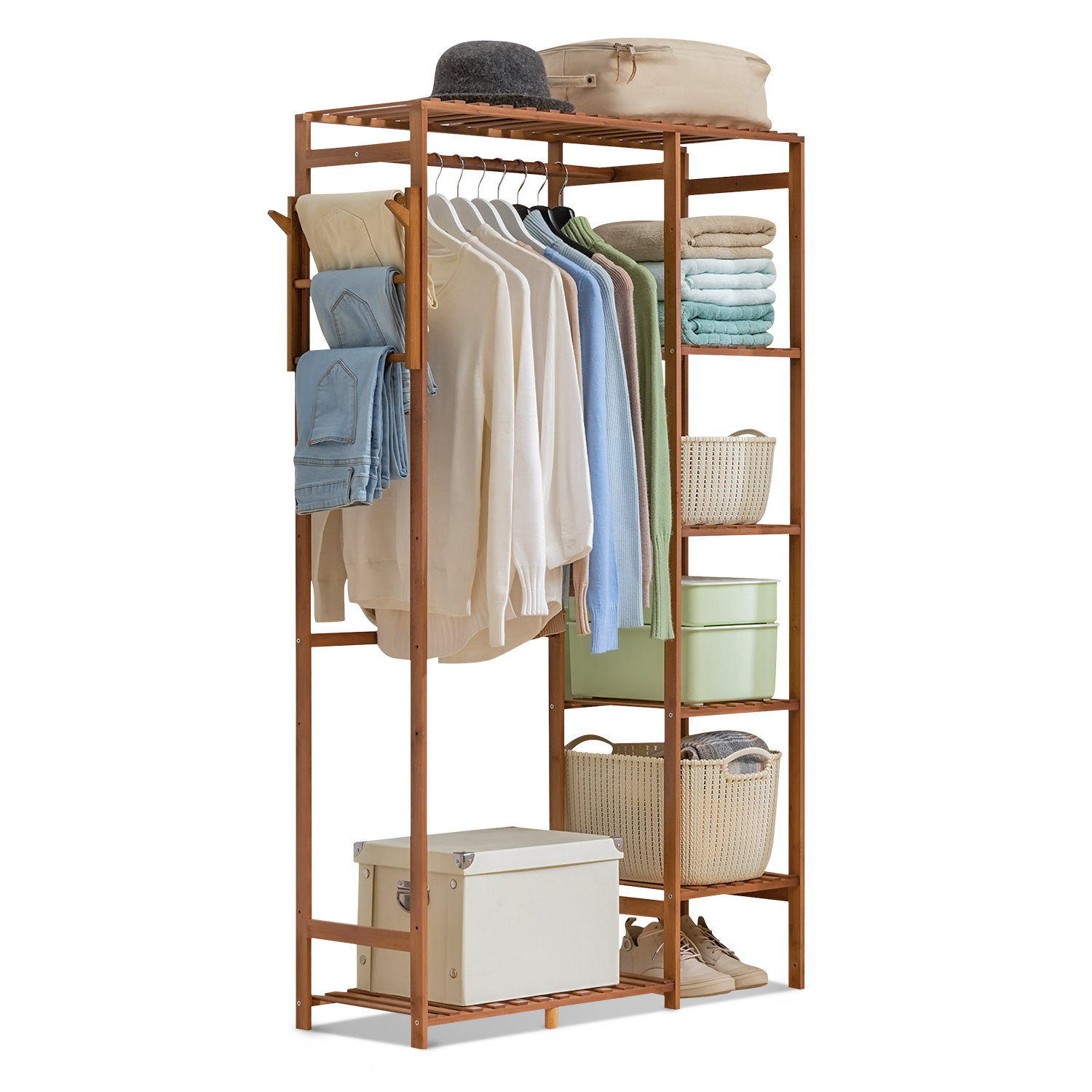 Colorful Wooden Cloth Hangers On Clothes Rail In White Wardrobe