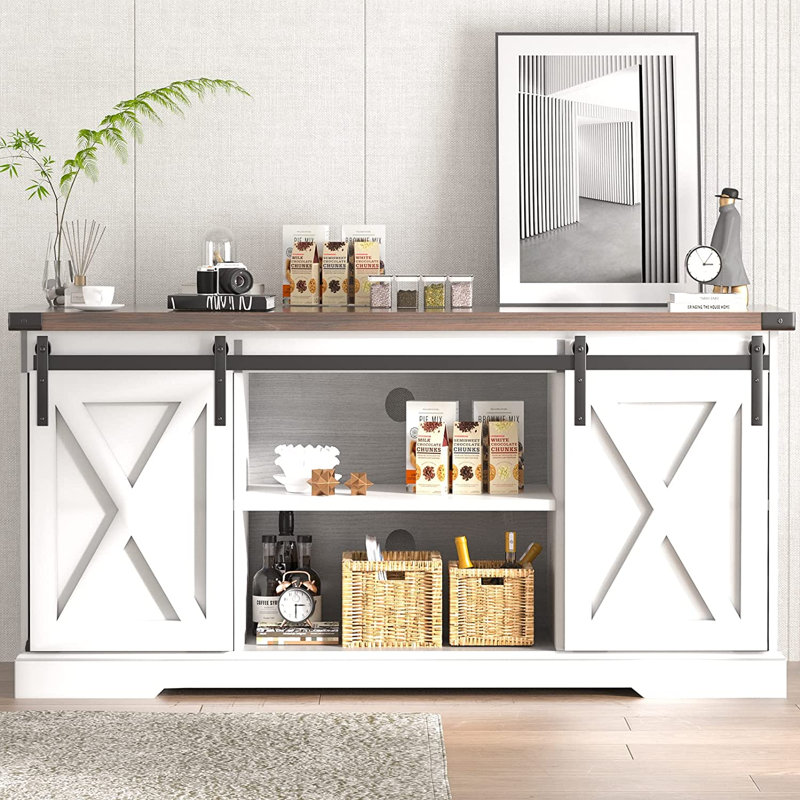 Meuble télé blanc pour téléviseur de 65 po ou moins, Blanc / brun