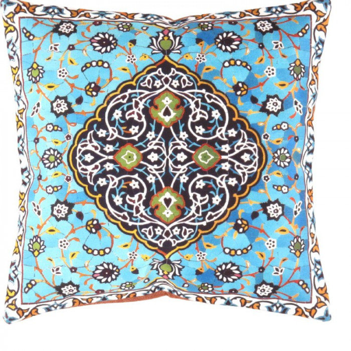 Pasargad velvet Throw Pillow 16'' X 16", Malibu/Navy Blue/Yellow/White Oriental