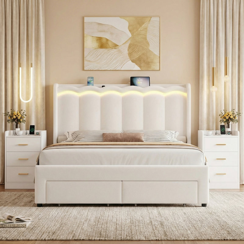 3-Piece Bedroom Set, Floating Bed & 2 Nightstands With Usb Charging Ports | Modern Floating Bedroom Sets, Cream, Queen