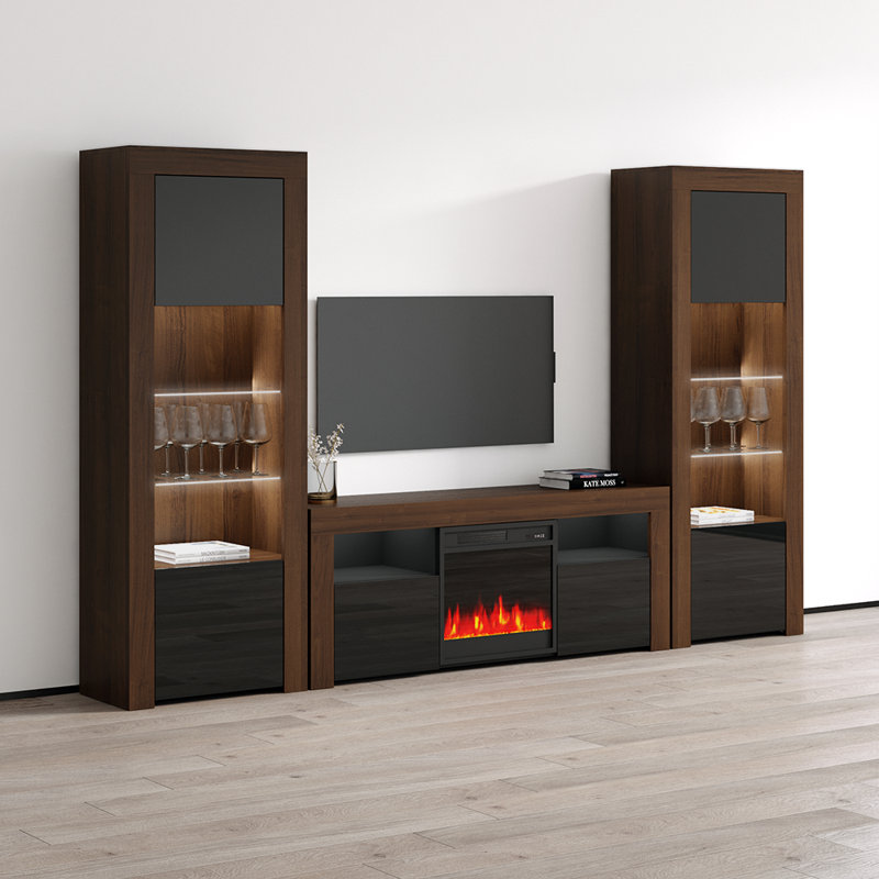 Earle Modern Entertainment Center for TVs up to 65" with Electric Fireplace Included, Walnut/Black