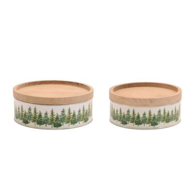 Evergreen Forest Metal Canisters with Wood Lids