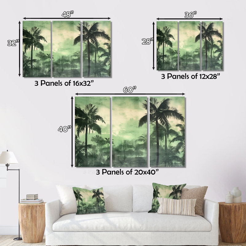 Palmier monochrome II sur toile, reproduction de 3 pièces, H 40 po x l 60 po x P 1 po