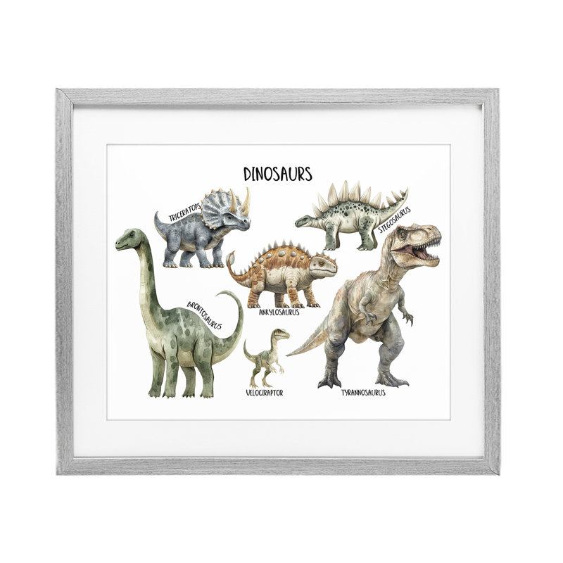 «Meet The Dinosaurs», reproduction d'art sous verre encadrée par Christine Simpson Art, H 13 po x l 16 po