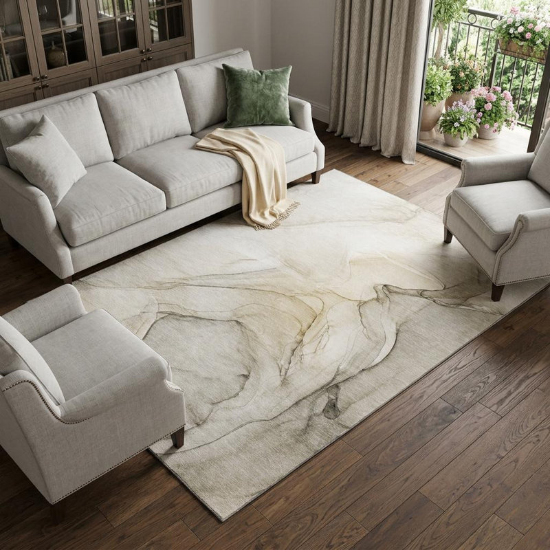Tapis lavable abstrait beige et ivoire 10 pi x 14 pi avec protection UV