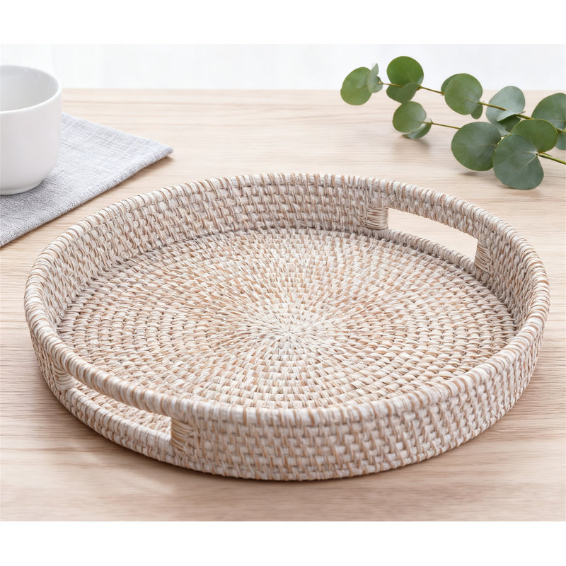 Plateau de service rond en rotin avec poignées, plateau de table basse tissé à la main pour la décoration de la maison, panier tissé polyvalent pour les boissons et l'organisation