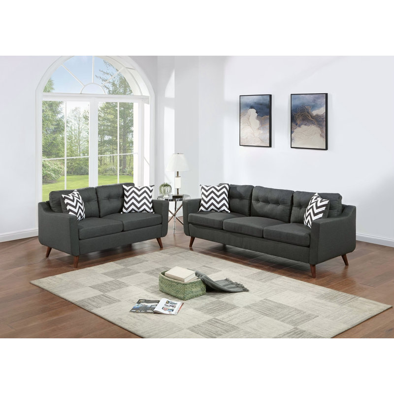 Modern Cozy Sofa Loveseat With Pillows, 2Pc Sofa Set Polyfiber, Tufted Cushions For Living Room Comfort, Black
