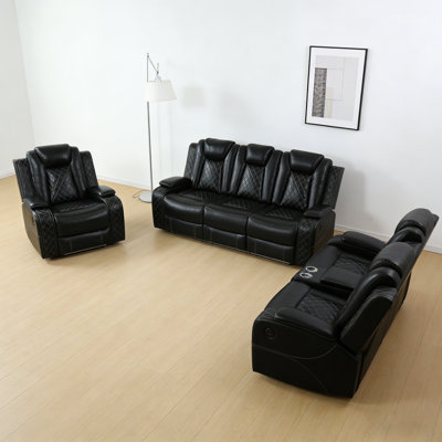 Black Intelligent Electric Sofa Three Piece Set Breathing Leather/wireless Charging/led Light/flip Coffee Table Silent Motor/usb Charging