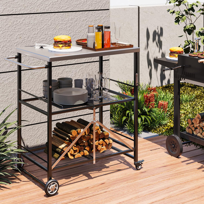 Outdoor Grill Cart Table, Stainless Steel Pizza Oven Stand Trolley Table With Wheels, Black