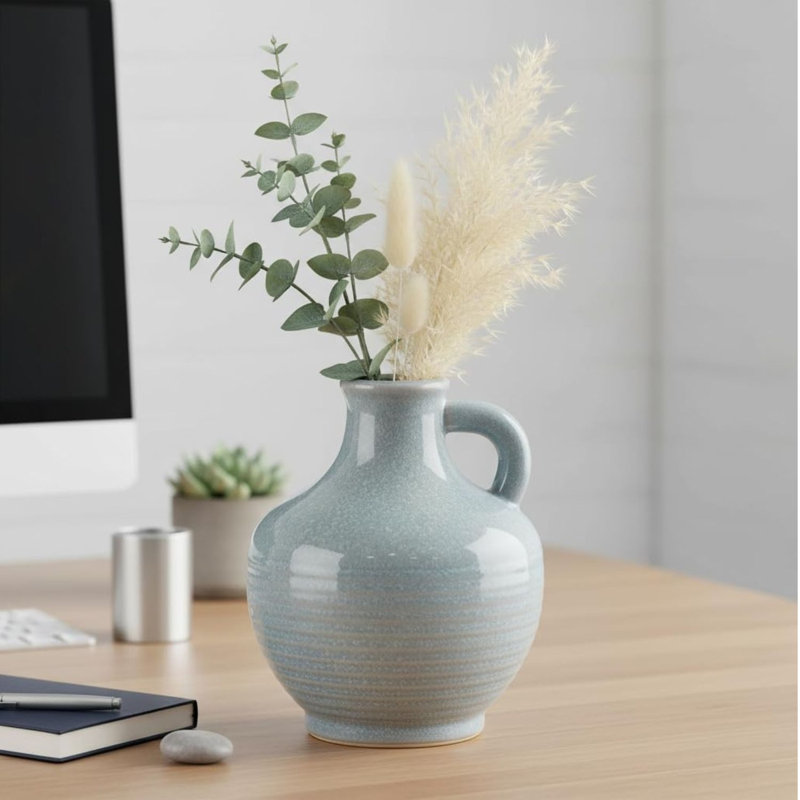 Blue Ceramic Vase with Handle, 6-Inch