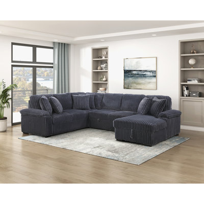 Canapé modulaire et contemporain en velours côtelé de 122 po avec lit escamotable, chaise de rangement cachée et coussins réversibles Bissette