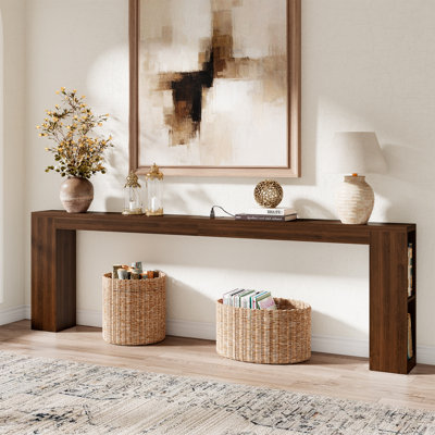 Console 94,5 po étroite avec chargement et rangement USB, noir | 94,5 po, très long, mince, canapé derrière le canapé avec prise, finition en bois noir, pour entrée, couloir, assemblage facile