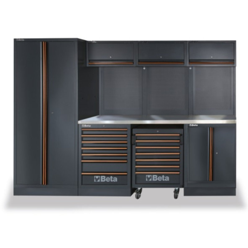 Beta C45PROX+MA Garage Tool Storage Cabinet System, Stainless Steel Coated Worktop 116.34" L x 19.49" D x 78.74" H