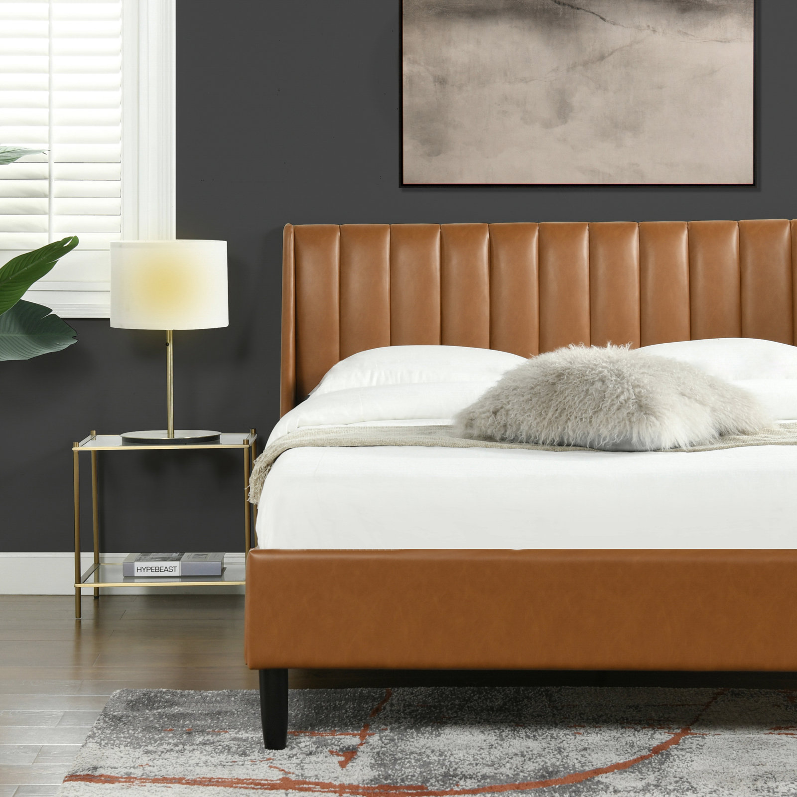 Helaina Velvet Upholstered Wingback Bed, Queen, Caramel Tan Brown Faux Leather