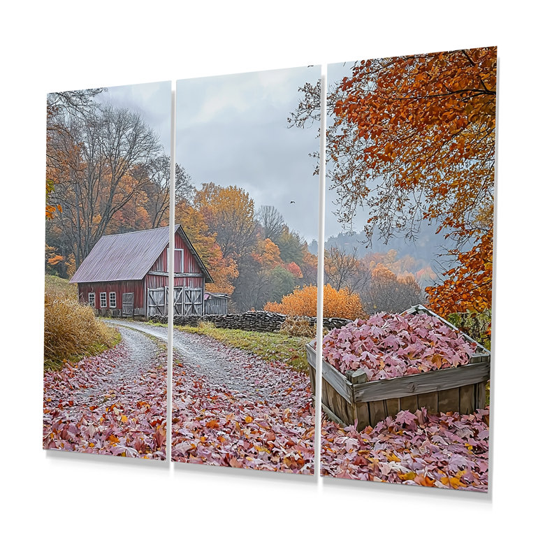 «Red Farm Landscape Autumn Harvest - Ensemble de salon d'art mural de ferme, Métal métal, H 40 po x l 60 po x P 1 po