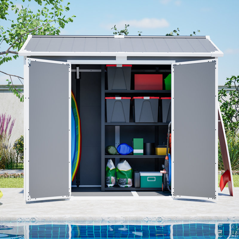 Remise utilitaire en plastique 8 x 6 pi avec plancher - Remise de rangement verrouillable pour outils de jardin et poubelles, organisateur d'extérieur toutes saisons en gris-blanc
