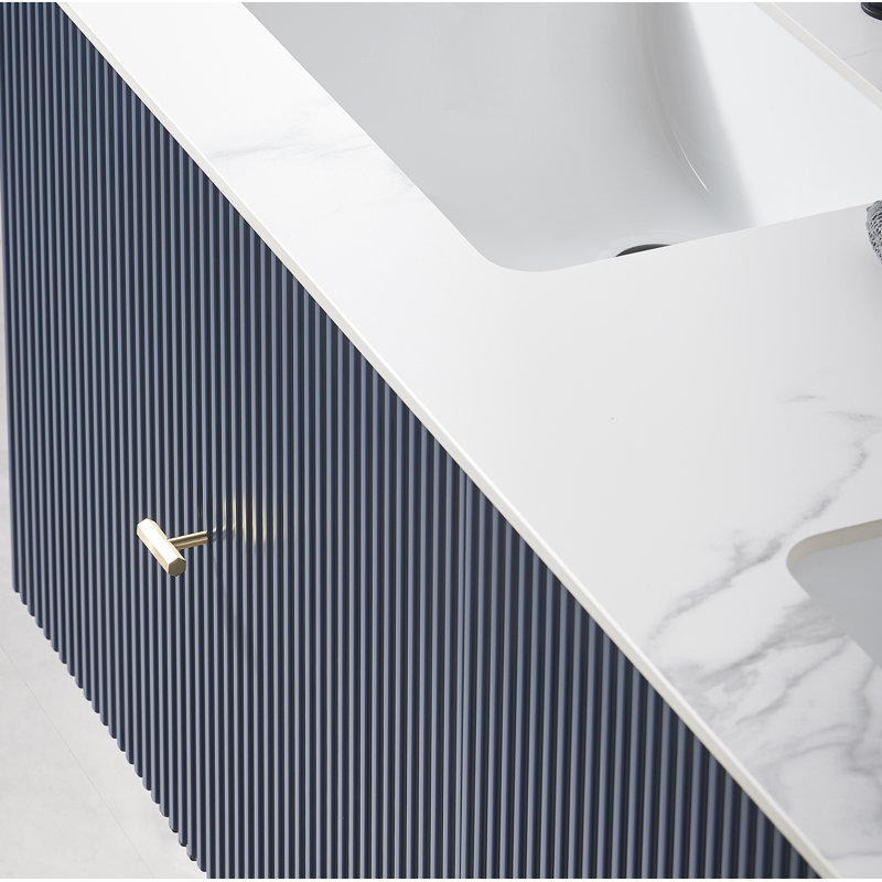 Meuble-lavabo mural moderne Jamell, Blanc, Bleu très foncé