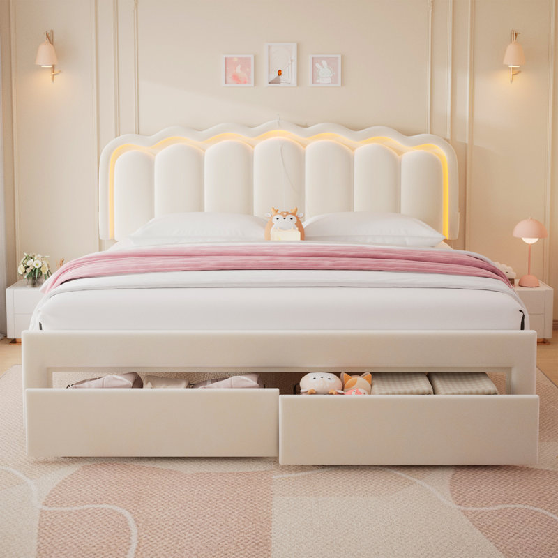 Daphne Upholstered LED Bed Frame With Drawer & Adjustable Headboard, Kids Beds, Queen, Beige