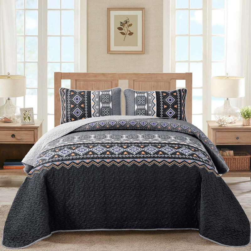 Ensemble de courtepointe à motif géométrique 3 pièces Boho, Queen Quilt + 2 Queen Shams, Grey/Black