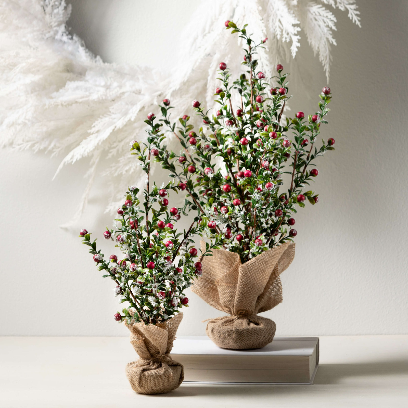 20" & 16" Artificial Christmas Boxwood Berry Tree Set of 2, Green-Red