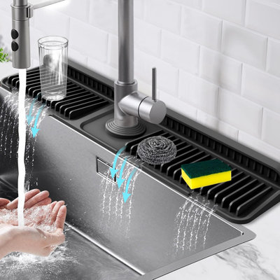 24-Inch Kitchen Sink Splash Guard Mat | 7° Slope For Fast Self-Draining | Snap-Lock Design | Universal & Cuttable Silicone Faucet Mat (Black)