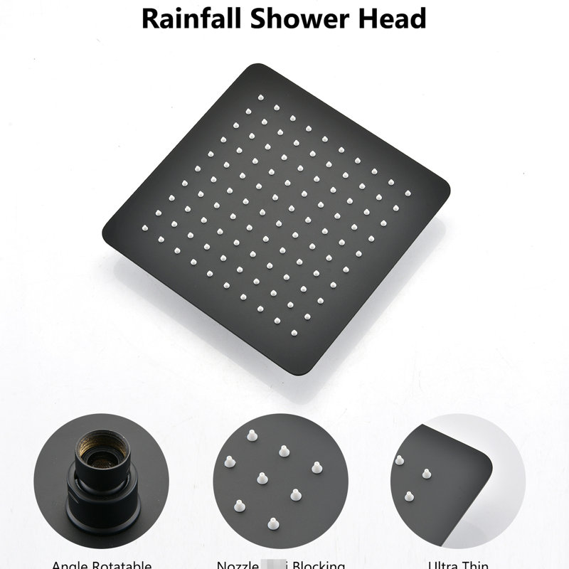 10 Inch Rainfall Shower Head With Leak Feature - Wall Mount High Hose 10", Black