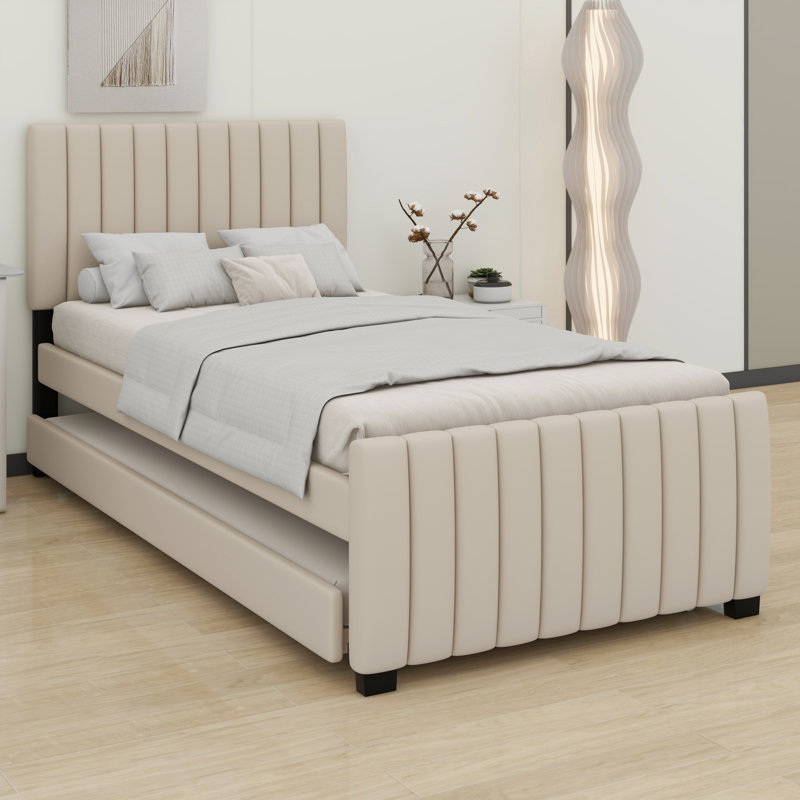 Lit plateforme tapissier avec lit gigogne, Beige