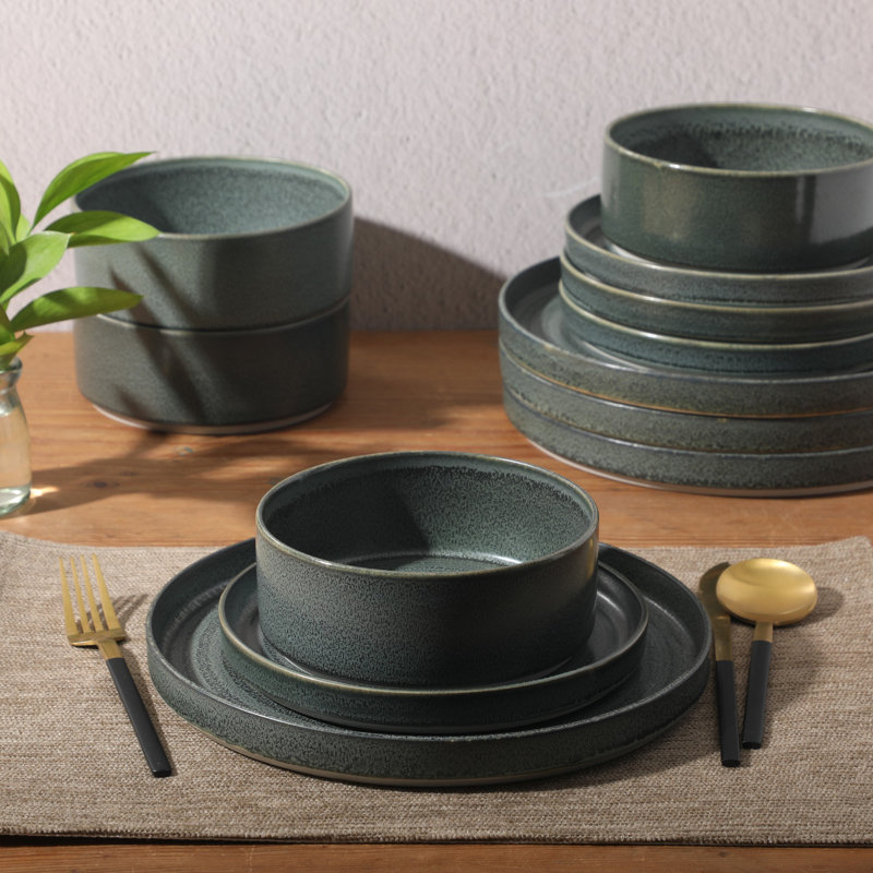 Gibson Elite Echo Bay 12 Piece Porcelain Reactive Glaze (Service for 4) Ceramic Plates and Bowls Modern Stackable Dinnerware Set -
