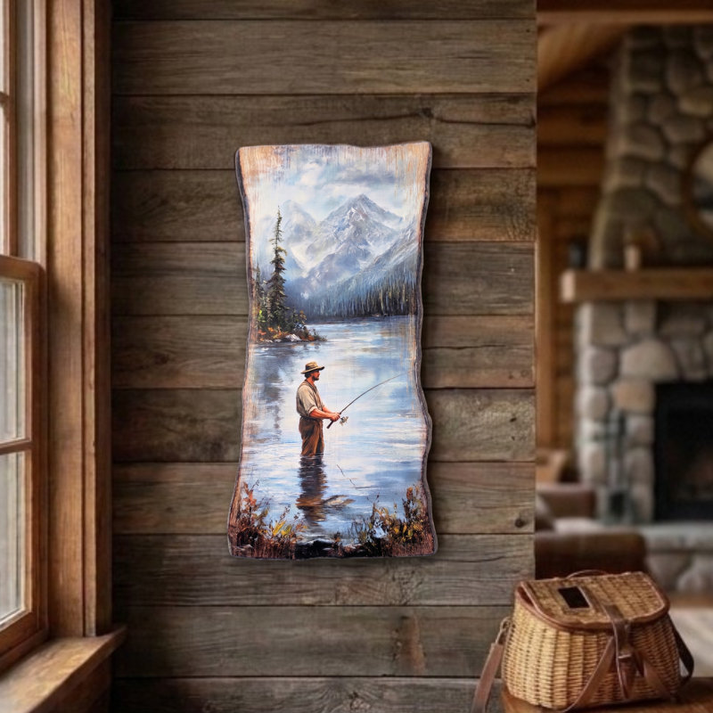Décoration murale en bois avec scène de pêche