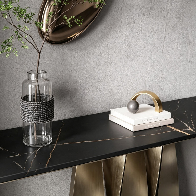 Rectangle Black Sintered Stone Console Table, 31.49" H x 55.11" W x 13.77" D