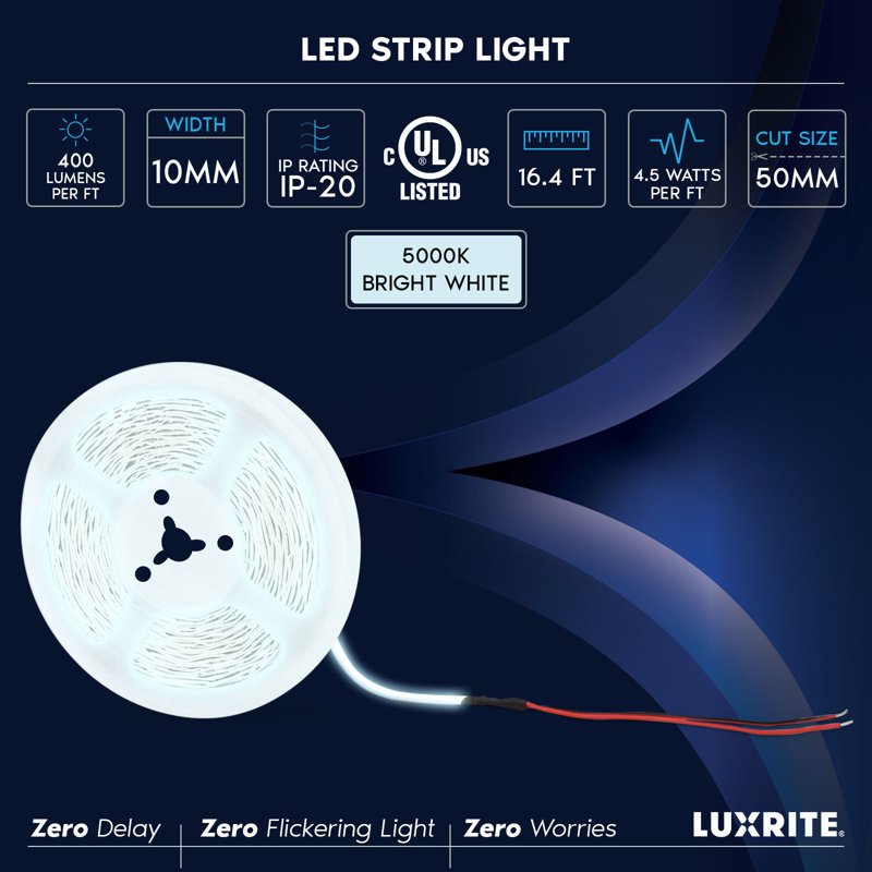 Ruban lumineux à DEL Luxrite 16,4 pi, 8 mm, 270 lumens / pi, coupé à la longueur, 3 W / pi, IRC 90, ruban adhésif flexible 24 V, UL