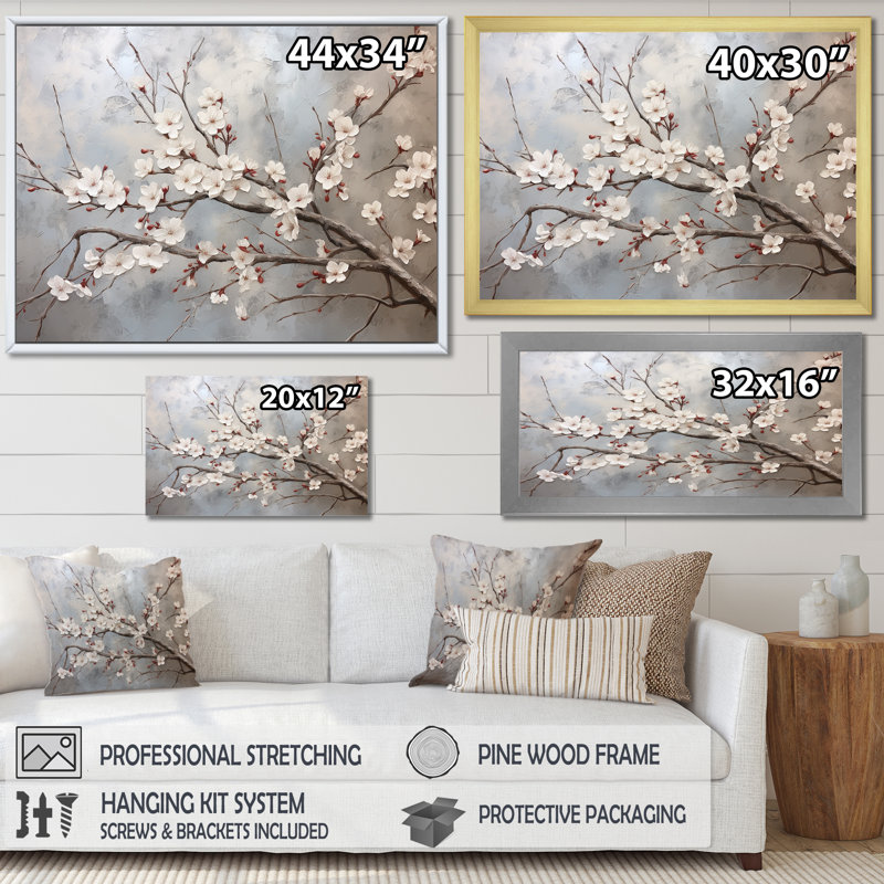 Fleur de cerisier minimaliste gris et beige I - art mural Cherry Blossom, H 12 po x l 20 po x P 1 po, Toile tendue