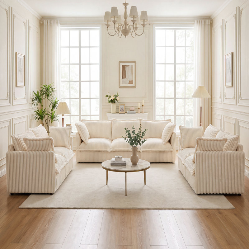 Ensemble de salon, ensemble de 3, canapé en velours côtelé, pour le salon, 3 Pcs: 2 Loveseats, Sofa, Cream Corduroy
