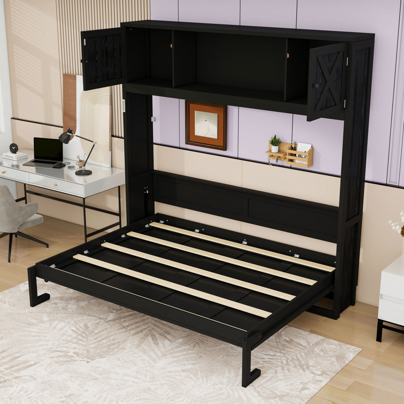 Grand lit escamotable avec armoires de rangement, noir, Grand lit, Noir
