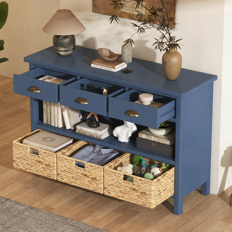 Console rétro avec paniers tissés jacinthe d'eau, Marine