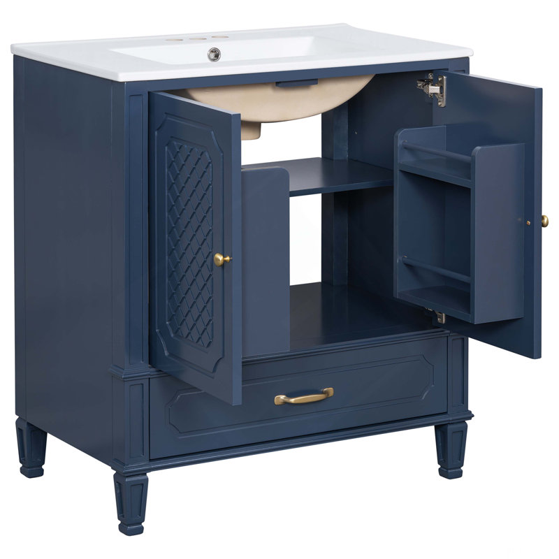 Meuble-lavabo 30 po avec lavabo style rétro, espace de rangement multifonctionnel, tablette de porte, porte à fermeture en douceur, bleu