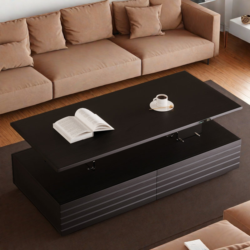 Modern Rectangular Coffee Table With Led Lights, 2 Drawers And Open Storage Shelf, Black