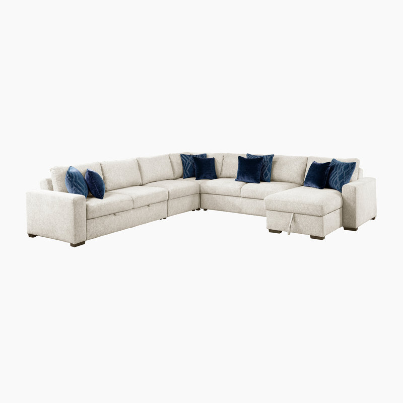 Mischa Modern & Contemporary Microfiber Sectional Sofa with Reversible Chaise, Pull-out Bed and Hidden Storage, Beige