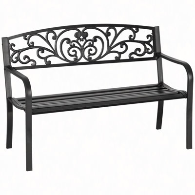 50" Outdoor Bench, Metal Garden Bench With Floral Pattern Backrest, Porch Bench With Slatted Seat For Park, Yard