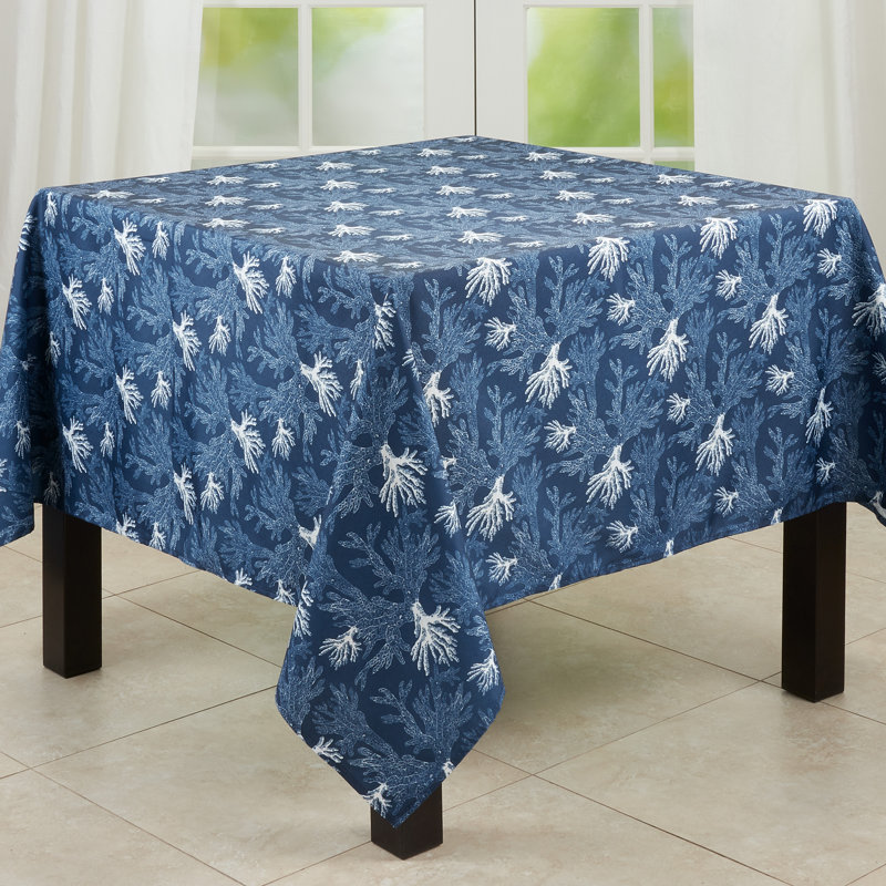 Navy Blue Coastal Sea Coral Fabric Tablecloth