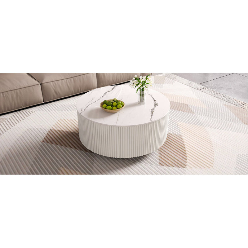 Table basse ronde moderne mobile avec roulettes, 2 tiroirs, plateau en pierre frittée motif marbre, blanc, White